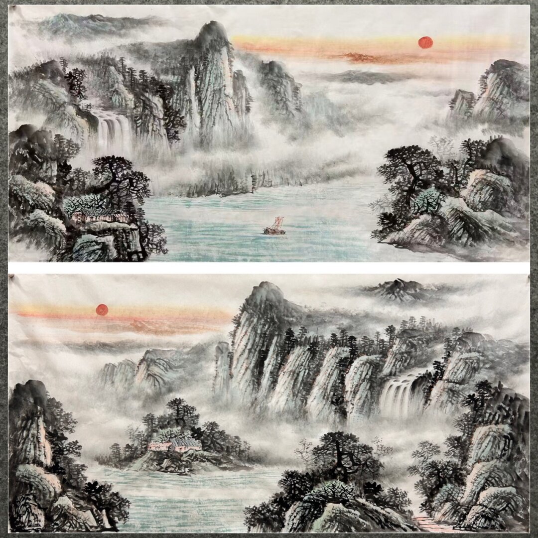 墨香村136X68厘米客厅水墨国画纯手绘四尺山水一帆风顺旭日东升01