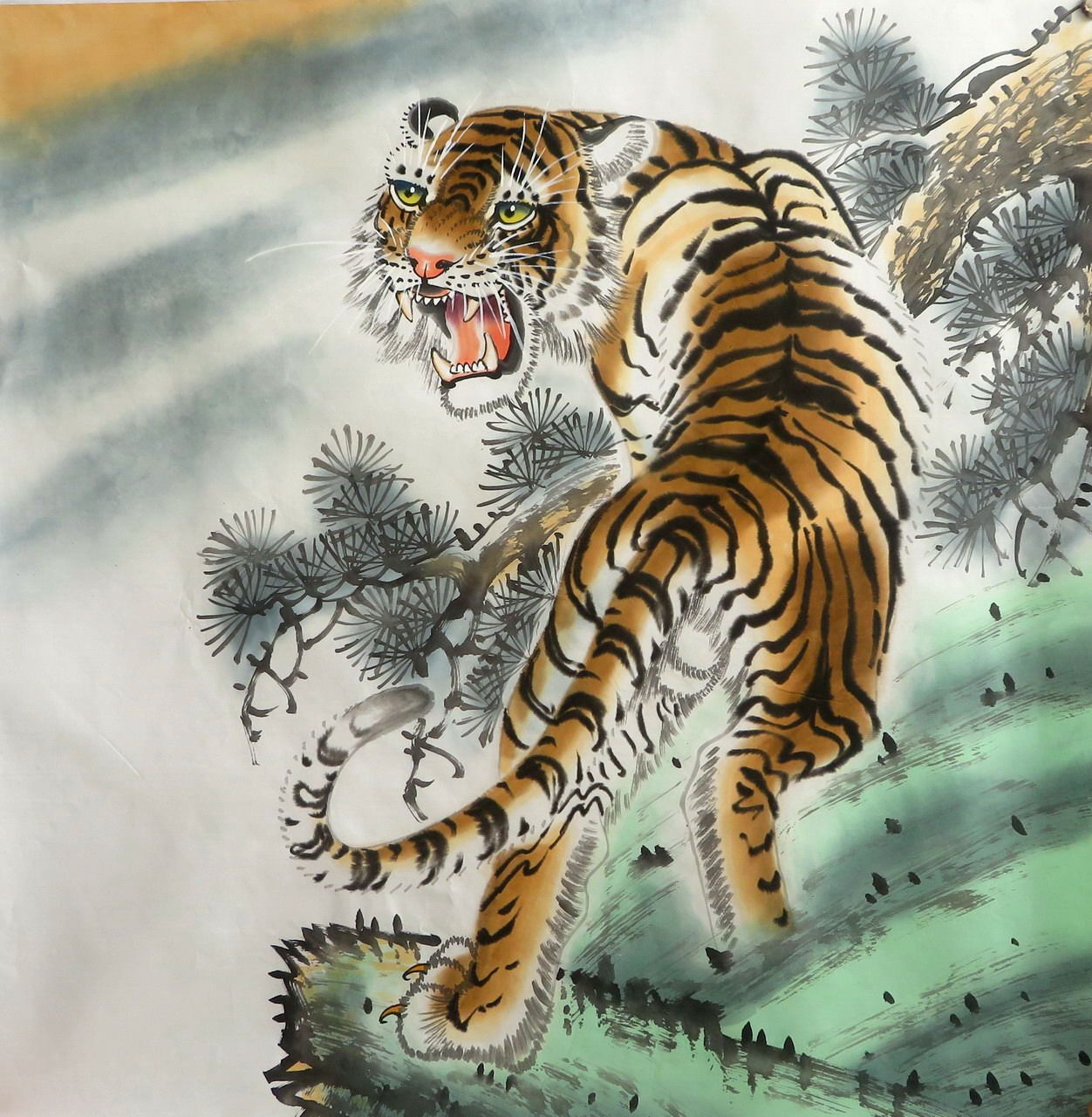 墨香村特价上山虎装饰国画下山虎挂画手绘四尺斗方老虎mh20109038