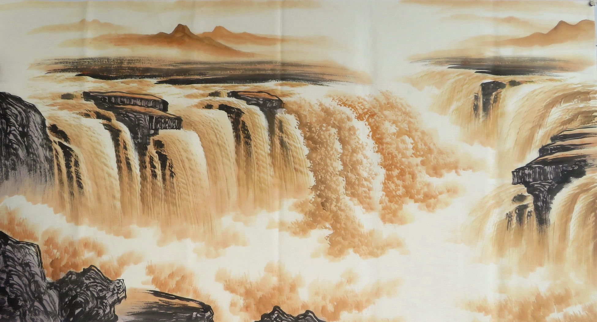 墨香村酒店装饰国画山水画纯手绘六尺黄河壶口瀑布海水mb6121718