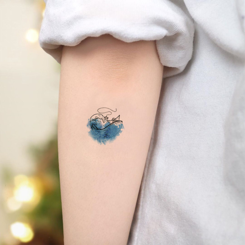 宝宝小兔水彩纸船乘风破浪纹身贴防水男女仿真锁骨脚踝清新刺青