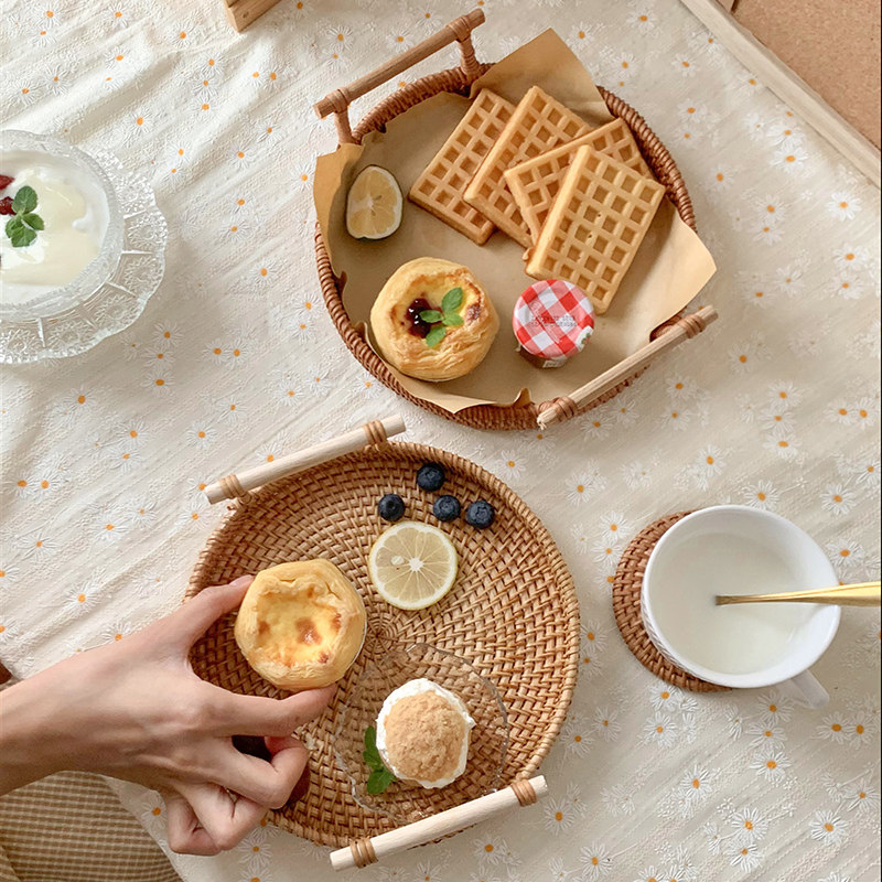 竹藤编织圆形双耳篮子蛋糕托盘家用小吃面包筐网红甜点心收纳手工