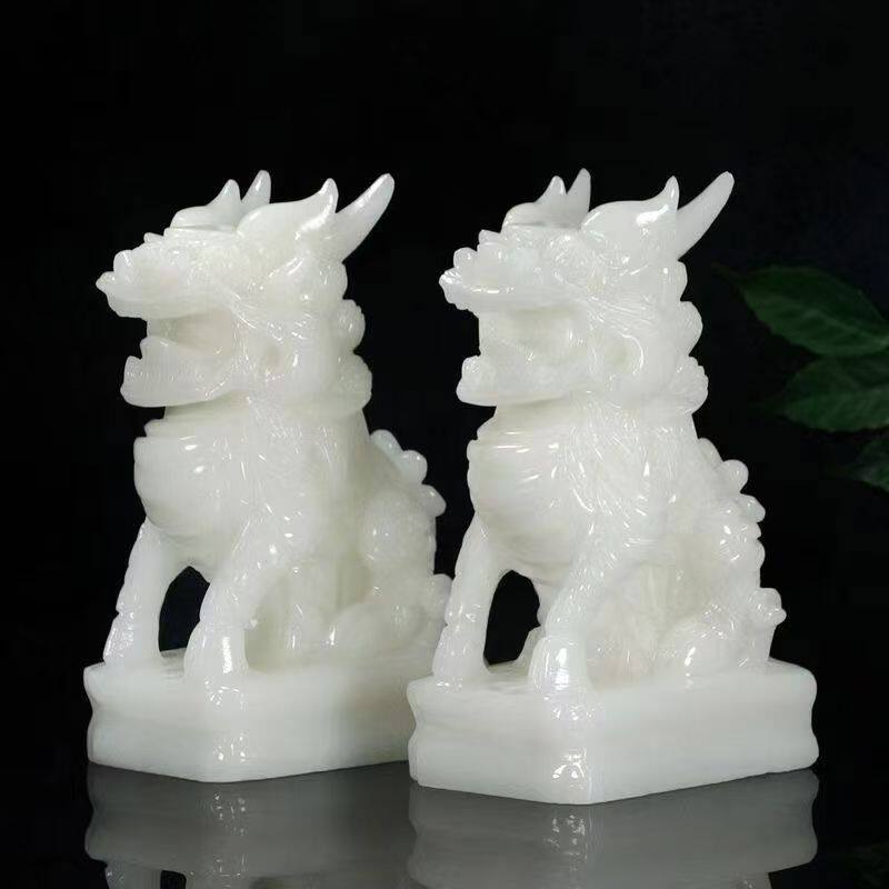 天然汉白玉招财坐麒麟摆件玉石麒麟一对客厅办玄关酒柜乔迁装饰