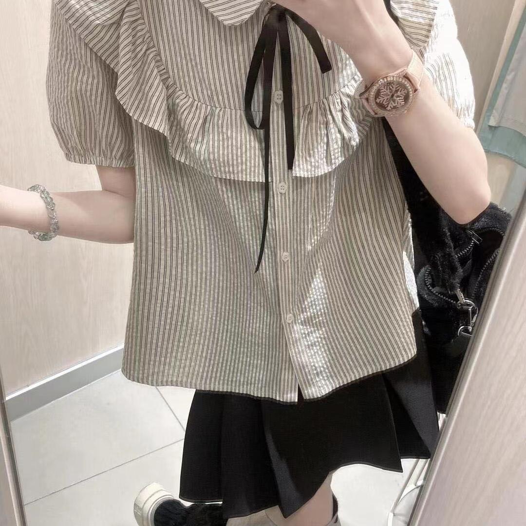 条纹衬衫女学生高腰百褶超仙短裙