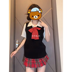 学院JK针织衫小辣椒制服jk马甲针织毛衣背心上衣短裙格裙套装