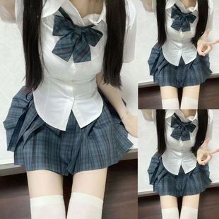 女纯欲学院风少女辣妹格裙海苔套装 日系JK制服收腰显瘦短袖 白衬衫