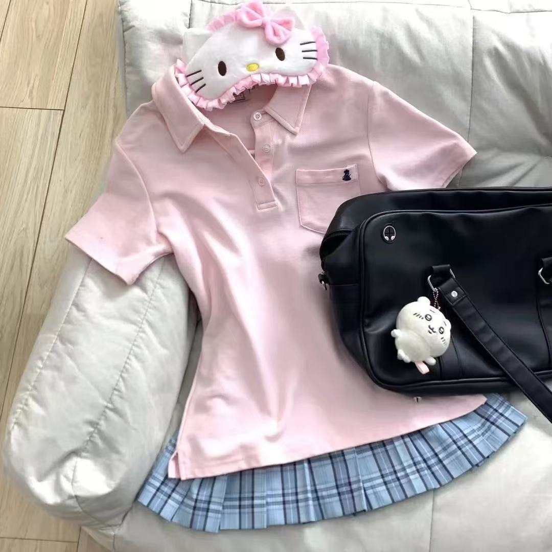 简约学院风plol衫短袖正肩T恤女夏季百搭JK收腰减龄百搭上衣女