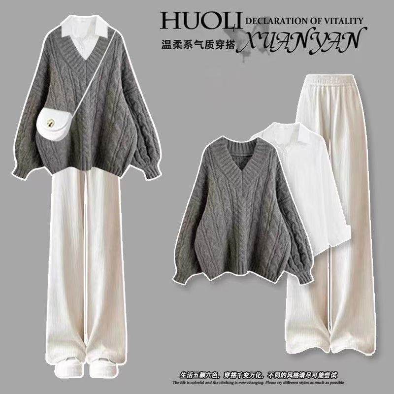 秋冬2025新款灰色麻花套头毛衣女复古懒惰风宽松V领针织衫JK上衣