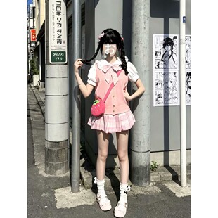 日系JK制服夏季校园风少女感叠穿灰色针织背心基础衬衣百褶裙套装