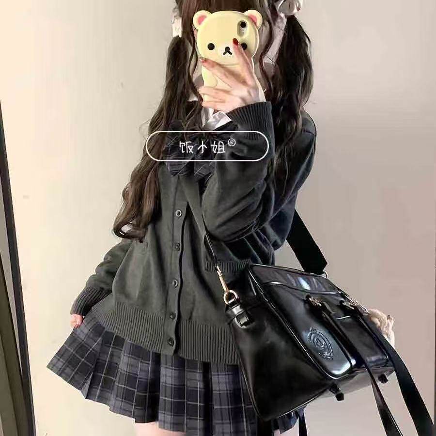 原创jk制服针织衫秋冬格裙套装基础款薄款开衫毛衣学院风长袖上衣