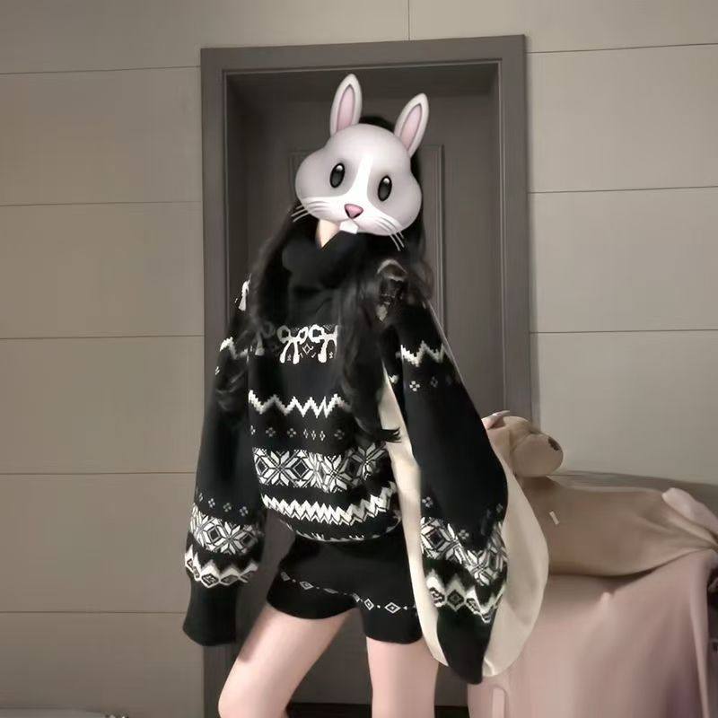 秋冬款2025氛围感宽松时尚高领费尔岛毛衣女搭配针织短裤两件套装,女装/女士精品,时尚套装,淘宝优惠券,粉丝福利购,淘宝优惠卷