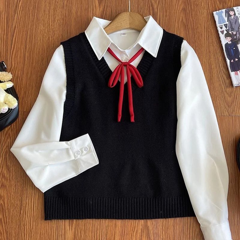 日系JK制服纯色背心马甲甜美针织基础长袖秋冬套头毛衣上衣三件套