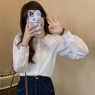修身 娃娃领白色长袖 2021年新款 女设计感小众上衣秋季 休闲衬衣 衬衫