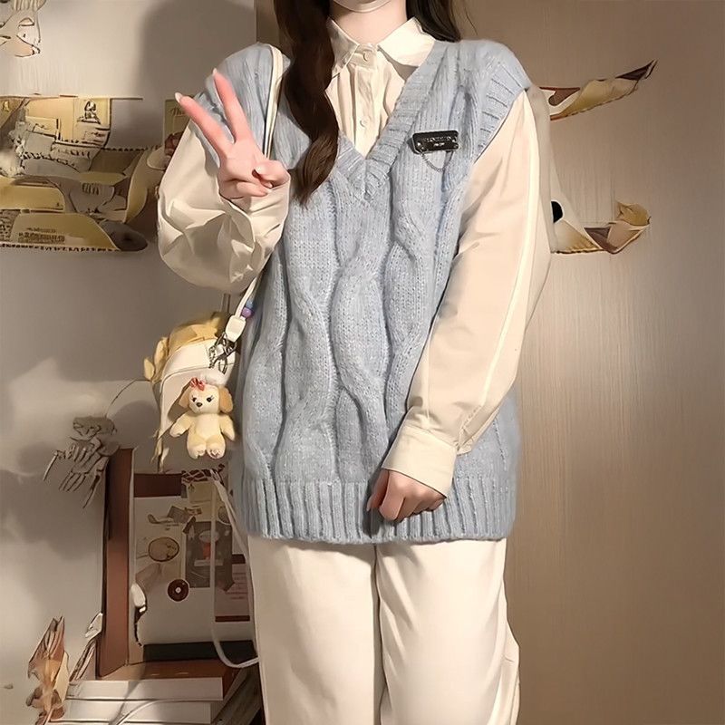 韩版温柔甜美风麻花针织马甲背心毛衣女搭配长袖绑带衬衫两件套装