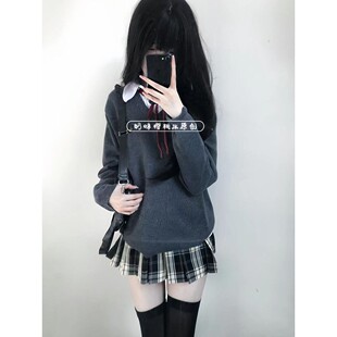 原创秋冬款jk制服日系校供感V领衬衫叠穿纯色系针织衫毛衣套装裙