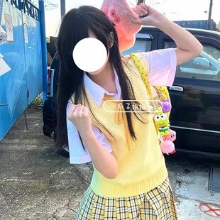 JK制服V领套头日系背心女毛衣学院风马甲校供针织衫 奶黄色格裙夏