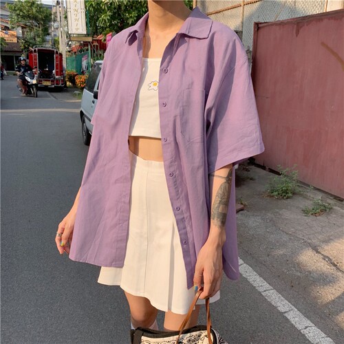 纯色短袖衬衫女复古港味设计感