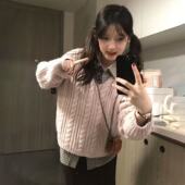 韩系文艺学院慵懒风软糯麻花针织衫 套头毛衣叠穿格纹衬衫 女两件套