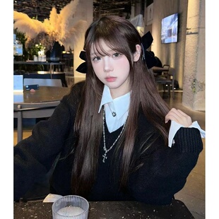 套装 韩版 衬衫 多巴胺日系秋冬款 外穿潮 黑色毛衣女慵懒毛衣白色长袖