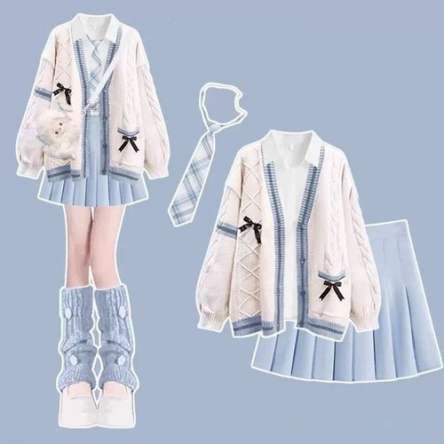 秋冬校园开衫毛衣衬衫领带百褶裙