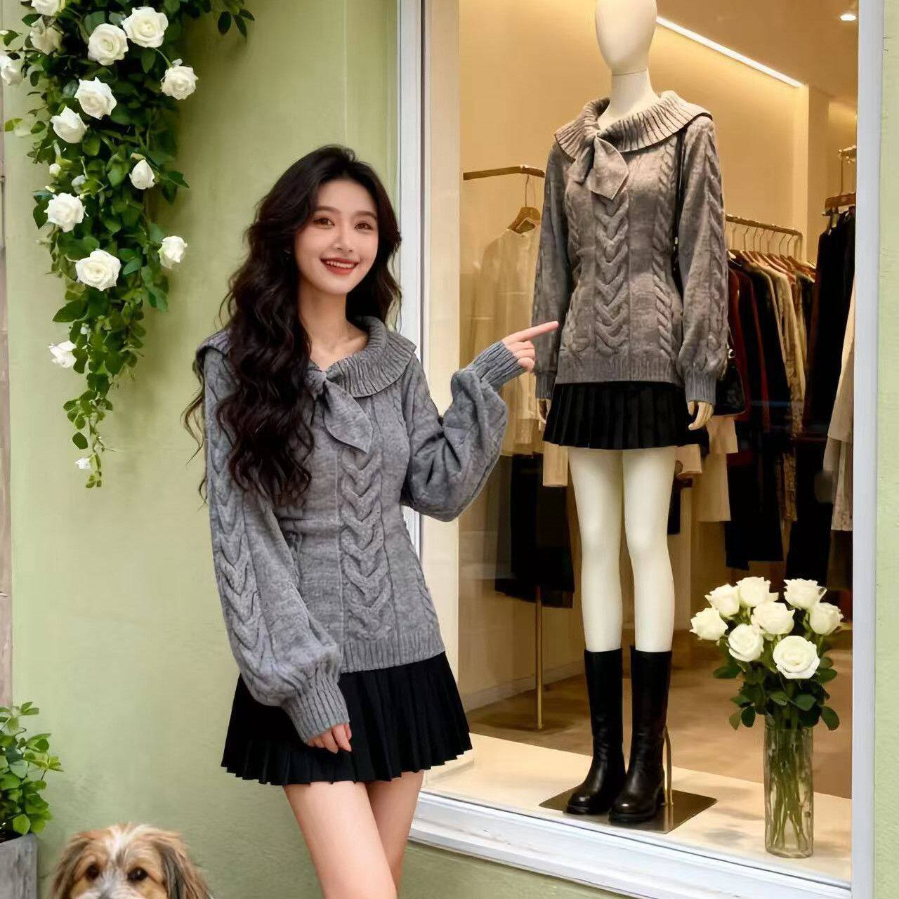 jk古早感针织衫套头兔耳领日系收腰修身vintage毛衣糖果长袖套装