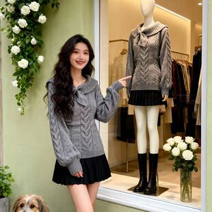 jk古早感针织衫套头兔耳领日系收腰修身vintage毛衣糖果长袖套装