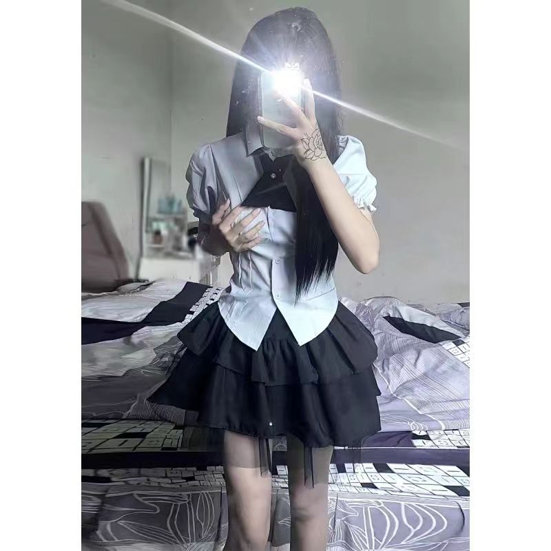 甜妹学院风穿搭气质修身短袖衬衫上衣女装夏季蓬蓬裙短裙子两件套