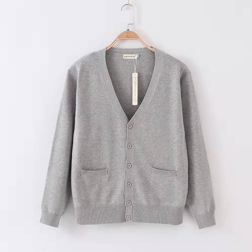 百搭秋冬新款宽松基础款纯色叠穿V领针织开衫外套学院风外穿上衣