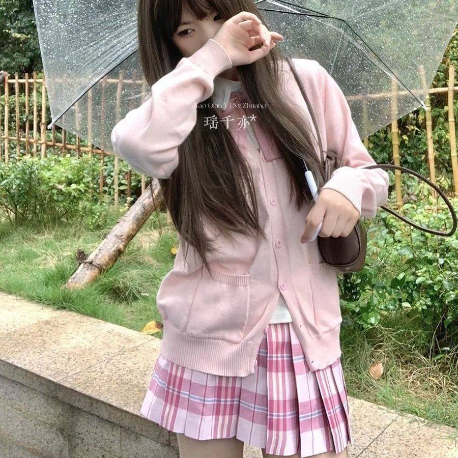 日系JK制服针织衫原创樱花妹穿搭开衫长袖毛衣外套糖果jk格裙套装