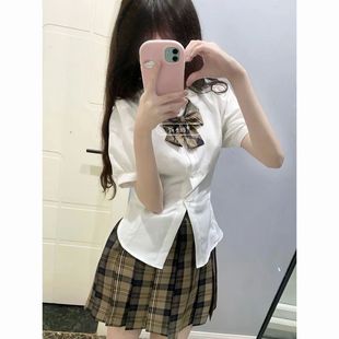 衬衫 日系学院风原创jk制服套装 女学生绑带收腰显瘦衬衣格裙两件套
