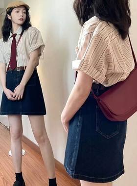 夏季时尚牛仔短裙裤衬衫两件套