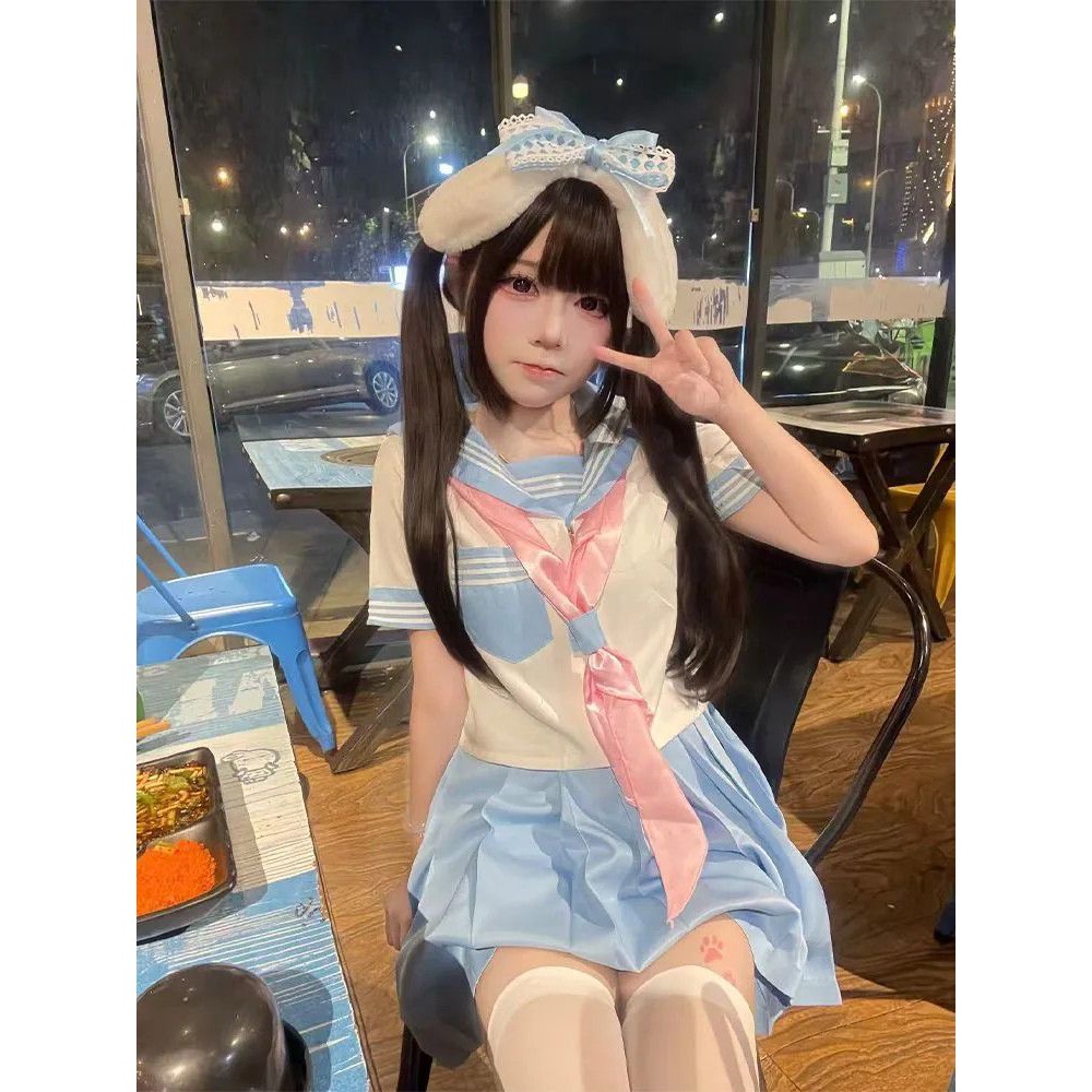 原创中间服学院风穿搭黄色浅蓝三本水手服JK制服短袖衬衫JK裙套装