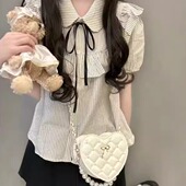系带日系POLO条纹衬衫 女学生荷叶边泡泡袖 高腰jk百褶裙 套装 三件