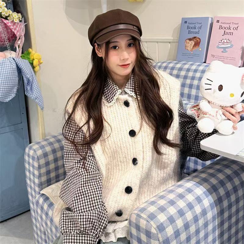 韩版减龄可爱蕾丝花边拼接衬衫女装秋季杏色针织开衫马甲两件套装