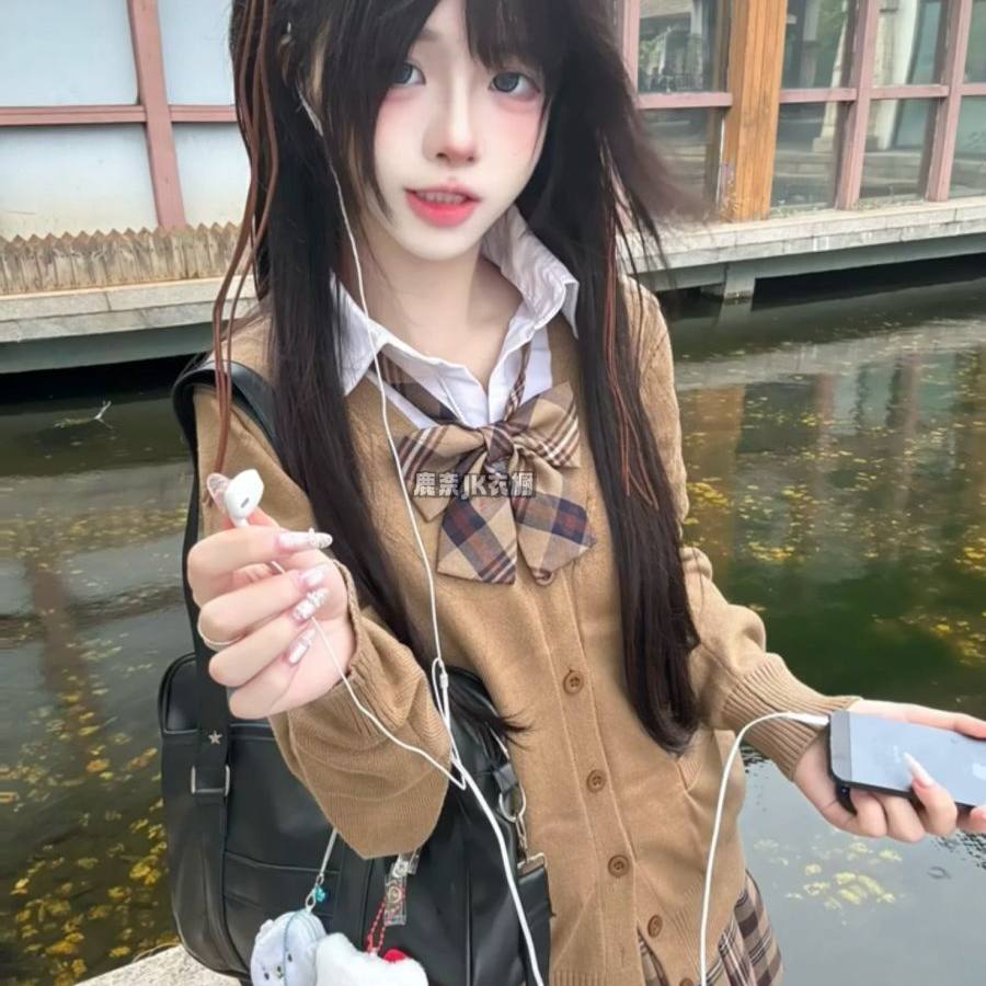 日系小棕格裙美拉德色系jk制服套装秋冬针织衫毛衣氛围感长袖开衫