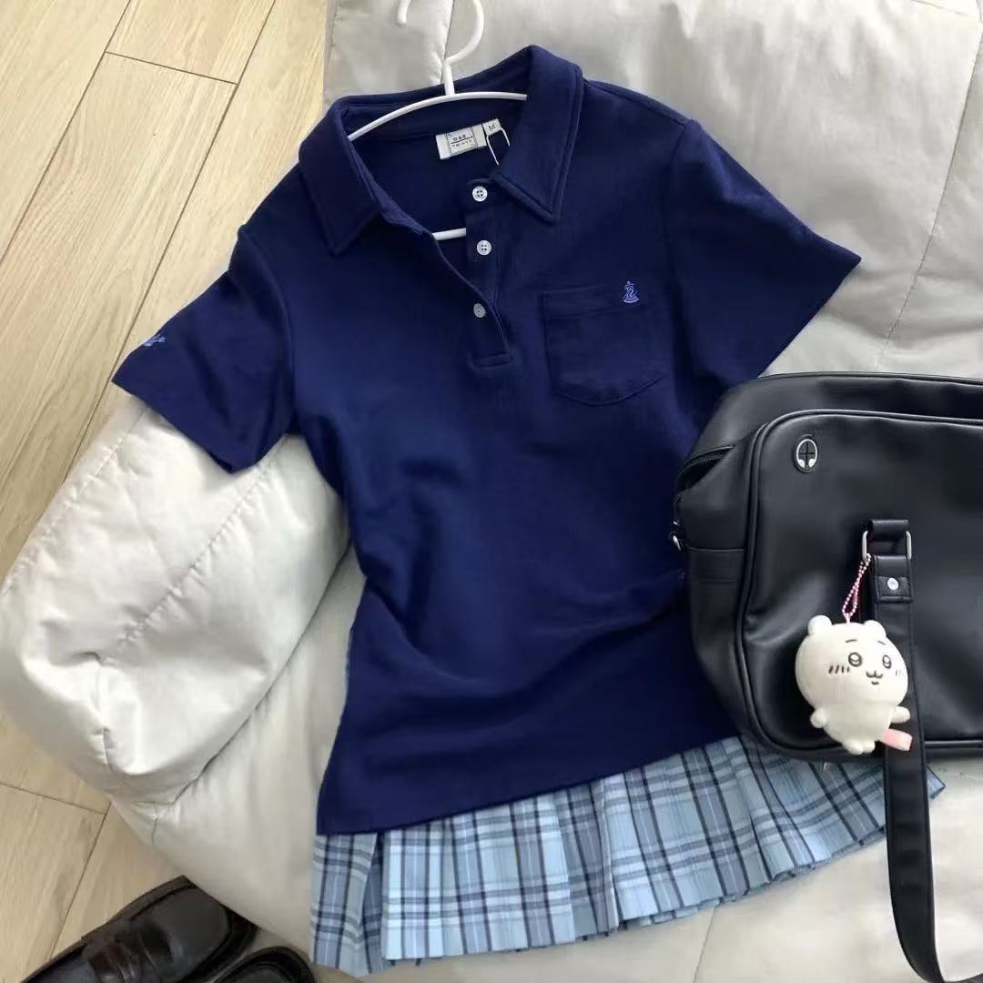 日系学院风减龄套装Polo衫短袖衬衫百搭JK格裙短裙校供感休闲穿搭