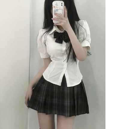 日系jk制服收腰衬衫上衣女短袖原创学院风泡泡袖白色衬衣jk套装