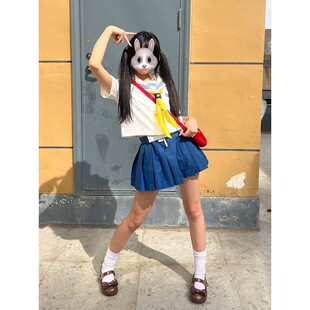 日系JK制服jk夏季海军白领蓝三本水手服基础短袖学院校服套装穿搭