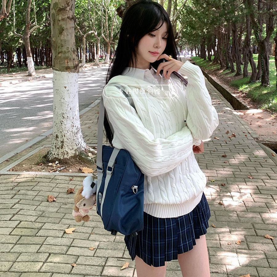 麻花长袖毛衣连帽制服学院针织衫