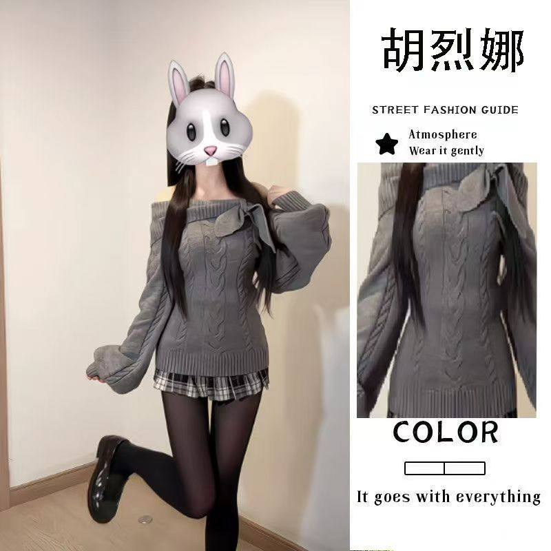 原创jk制服套装奈奈风兔耳领结针织衫收腰毛衣女套头修身显瘦上衣