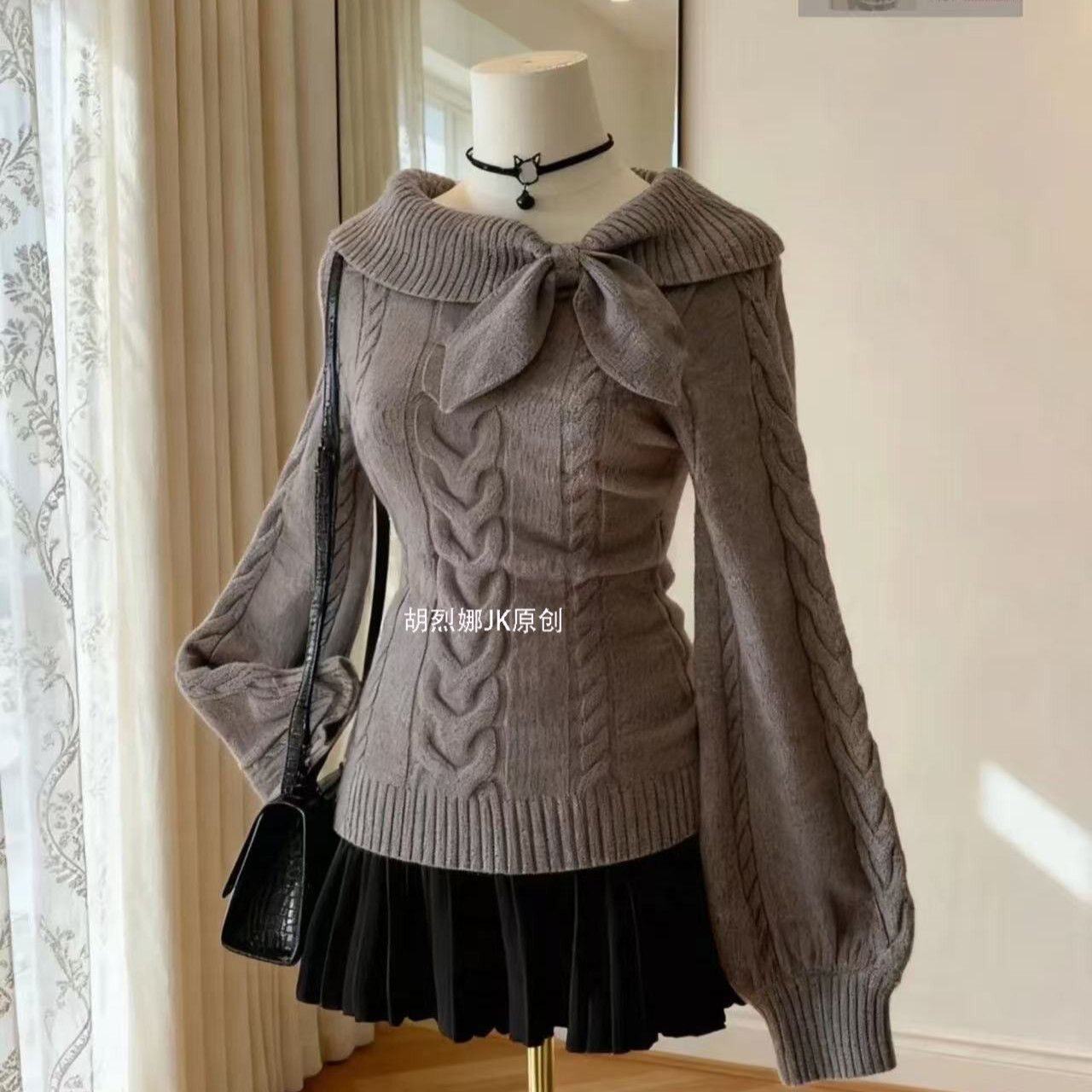 显瘦麻花纹理修身高级感上衣2025秋冬季新款萌妹甜美风灰色毛衣女