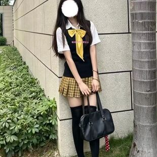 原创日系JK制服针织衫套装背心春秋毛衣学院校供长袖向日葵格裙女