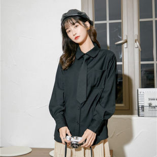 心机上衣设计感小众复古港味衬衣2022新款 女士黑色衬衫 少女感