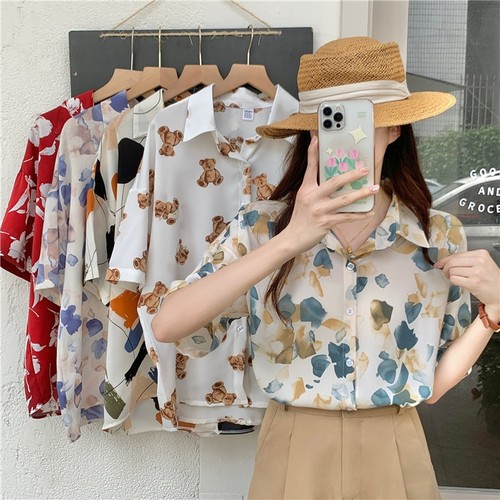 显瘦复古港风雪纺衫碎花衬衣