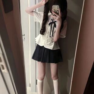 日系JK制服新品衬衫收腰花瓣下摆娃娃领衬衣短袖上衣jk短裙一整套