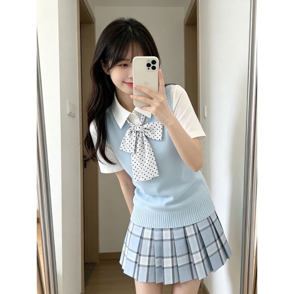 校园风2026天蓝色JK制服三件套日系少女甜美可爱叠穿马甲背心套装