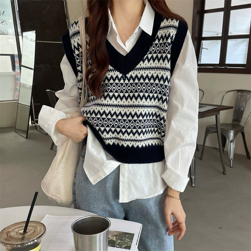 白色衬衫女早秋季叠穿长袖宽松马甲两件套chic设计感小众别致上衣