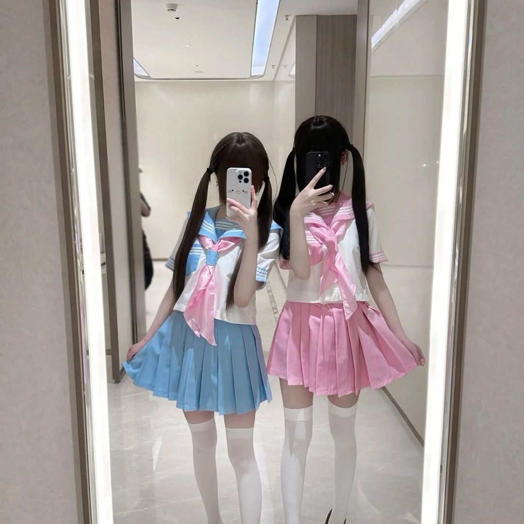 日系JK甜美水手服短袖短裙套装图片