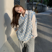 胖mm学院风棋盘格子V领针织马甲女春秋外搭叠穿毛衣背心坎肩 大码