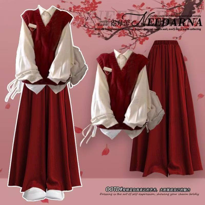 冬季女装新款红色一整套成熟风马甲内搭衬衫配宽松时尚裙裤三件套,女装/女士精品,时尚套装,淘宝优惠券,粉丝福利购,淘宝优惠卷