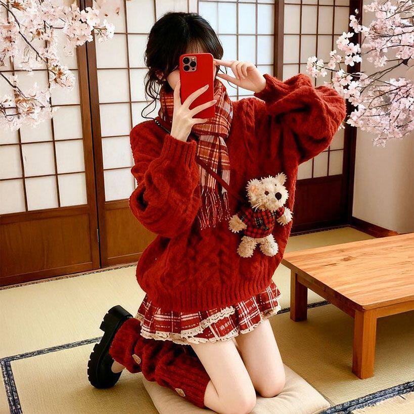 法式巨好看氛围感穿搭红色麻花针织毛衣女学生+红色短裙两件套装